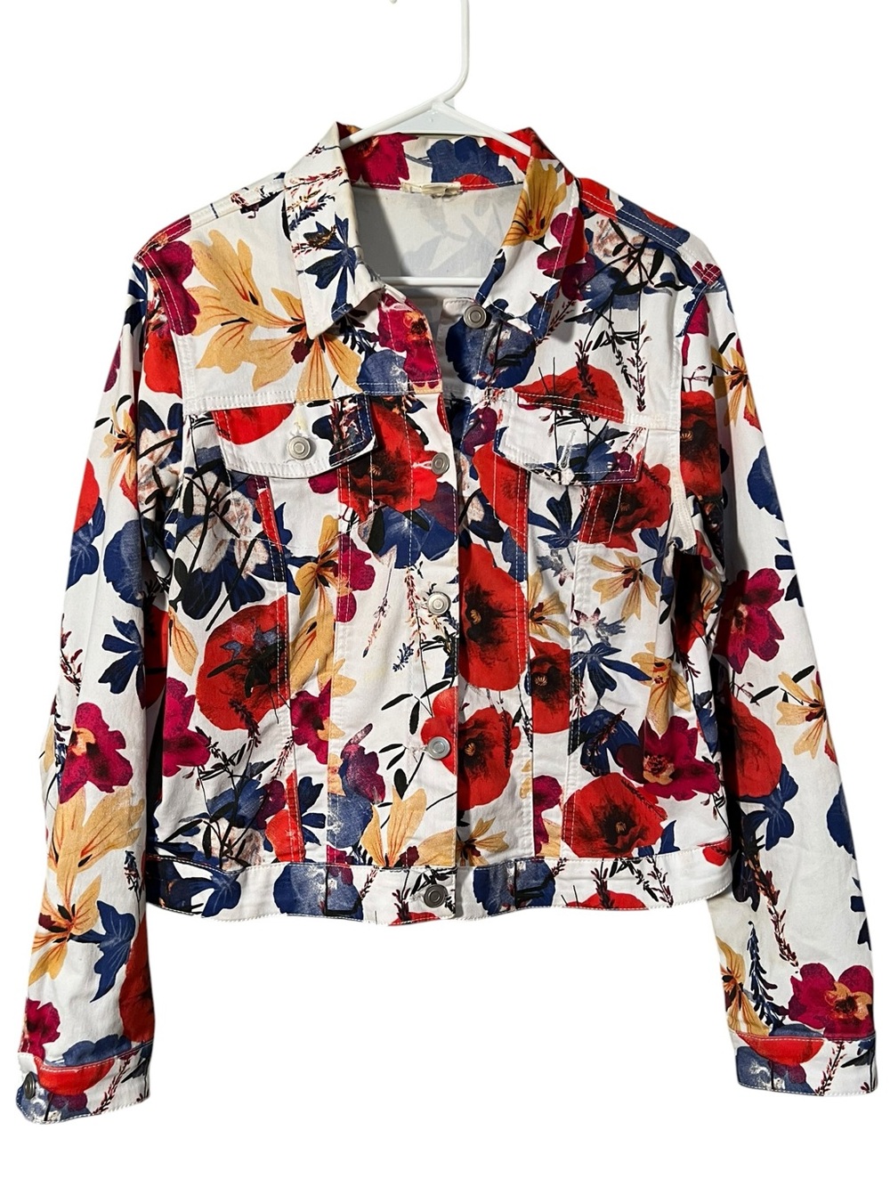 Tribal Jeans Women's Sz Medium Denim Jacket White Red Blue Orange Floral Stretch
